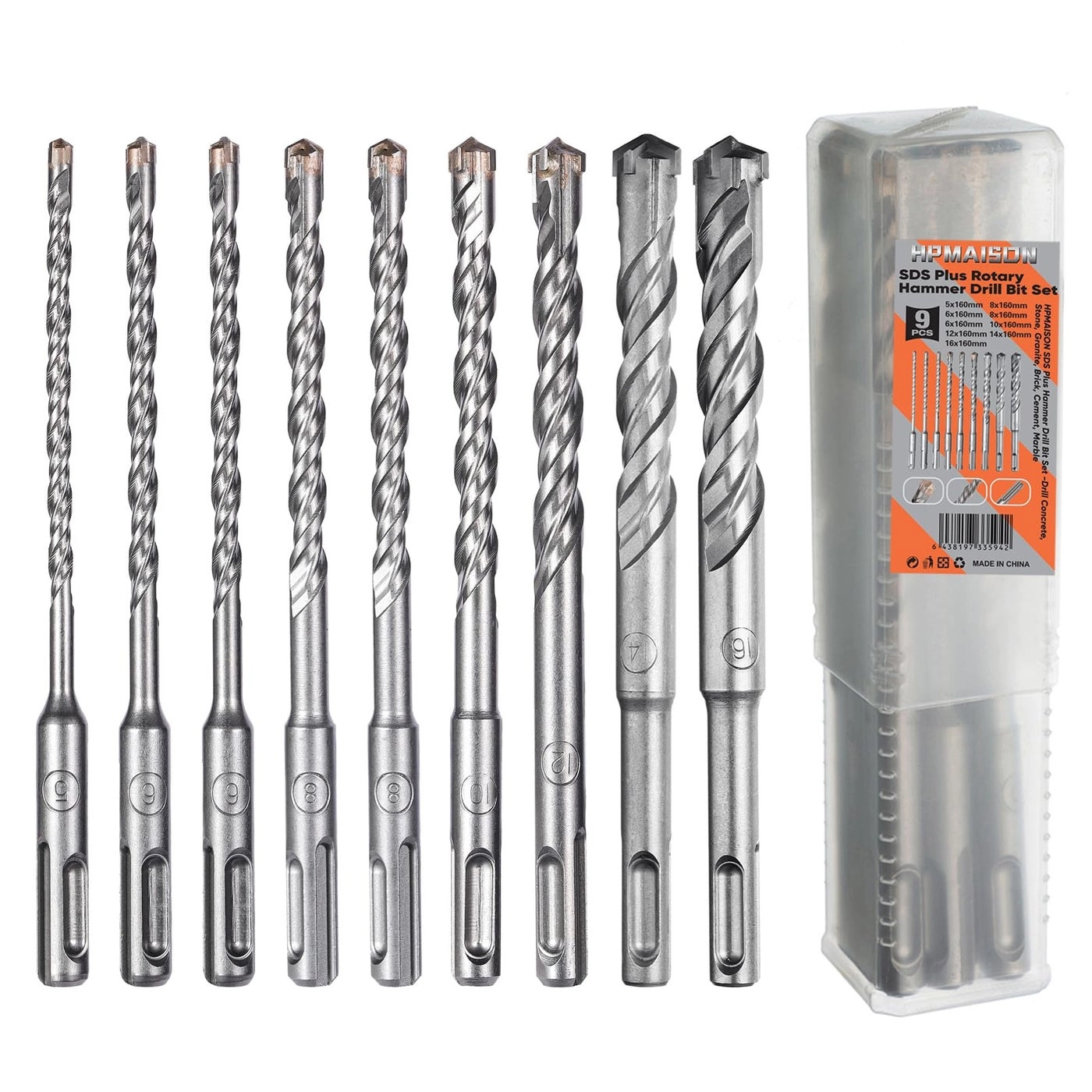 HPMAISON SDS-Plus Rotary Hammer Drill Bit Set - High Quality Carbide Steel 9PCS 5mm 6mm 6mm 8mm 8mm 10mm 12mm 14mm 16mm