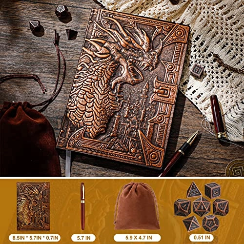 Dragon journal + Wooden pen + Metal dice + Dice bag - 10 piece(s)