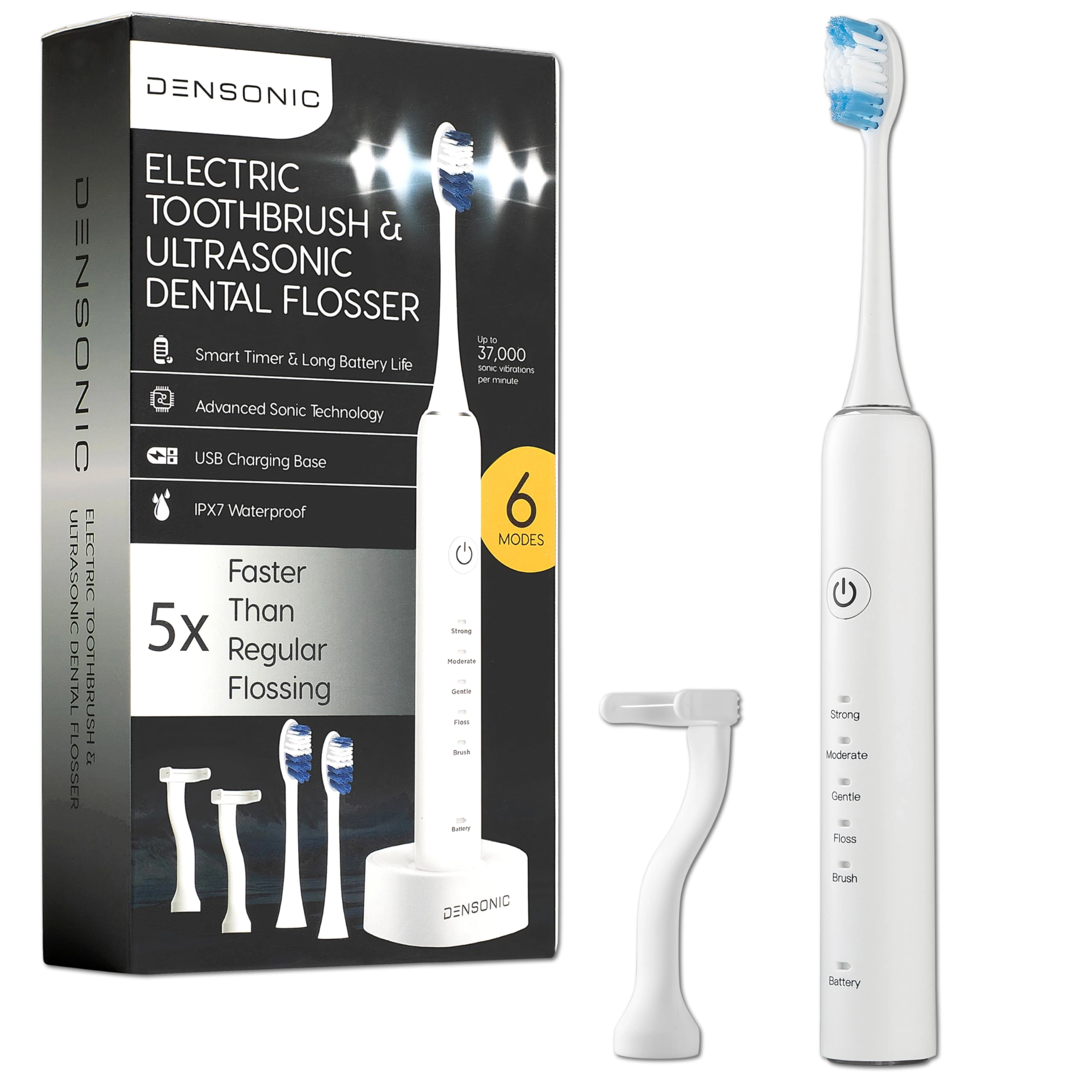 DENSONIC Electric Toothbrush - 6 Cleaning Modes White Rechargeable + Flosser