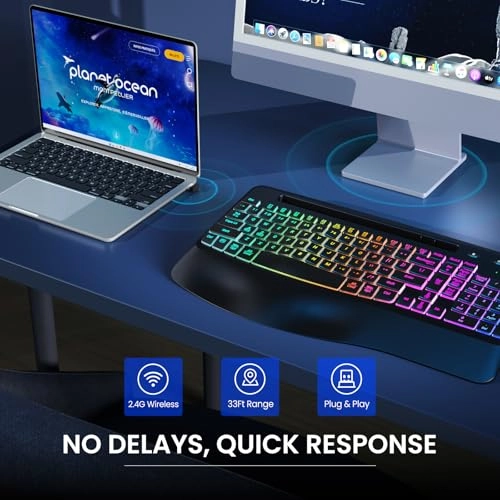 VEILZOR Wireless Keyboard with Wrist Rest, 2.4G Wireless Ergonomic Keyboard, 7-Color & 3 RGB Backlit Modes, Phone/Tablet Holder, Rechargeable Computer Keyboard for Windows, Mac, Computer, PC