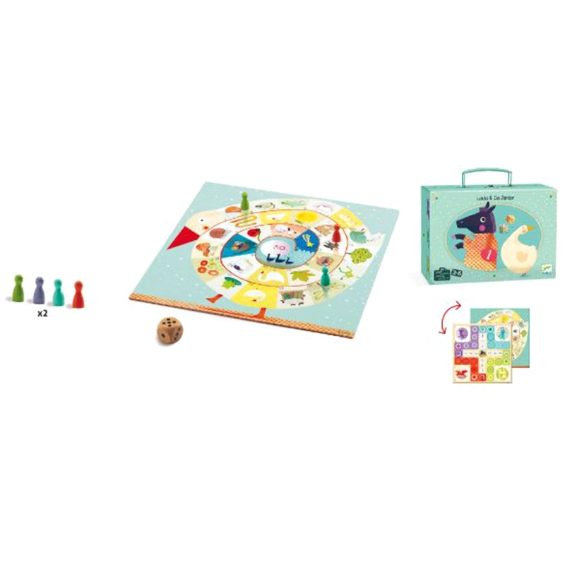 DJECO Ludo & Co Junior - Reversible board Carry-case with wooden dice and four coloured playing pieces
