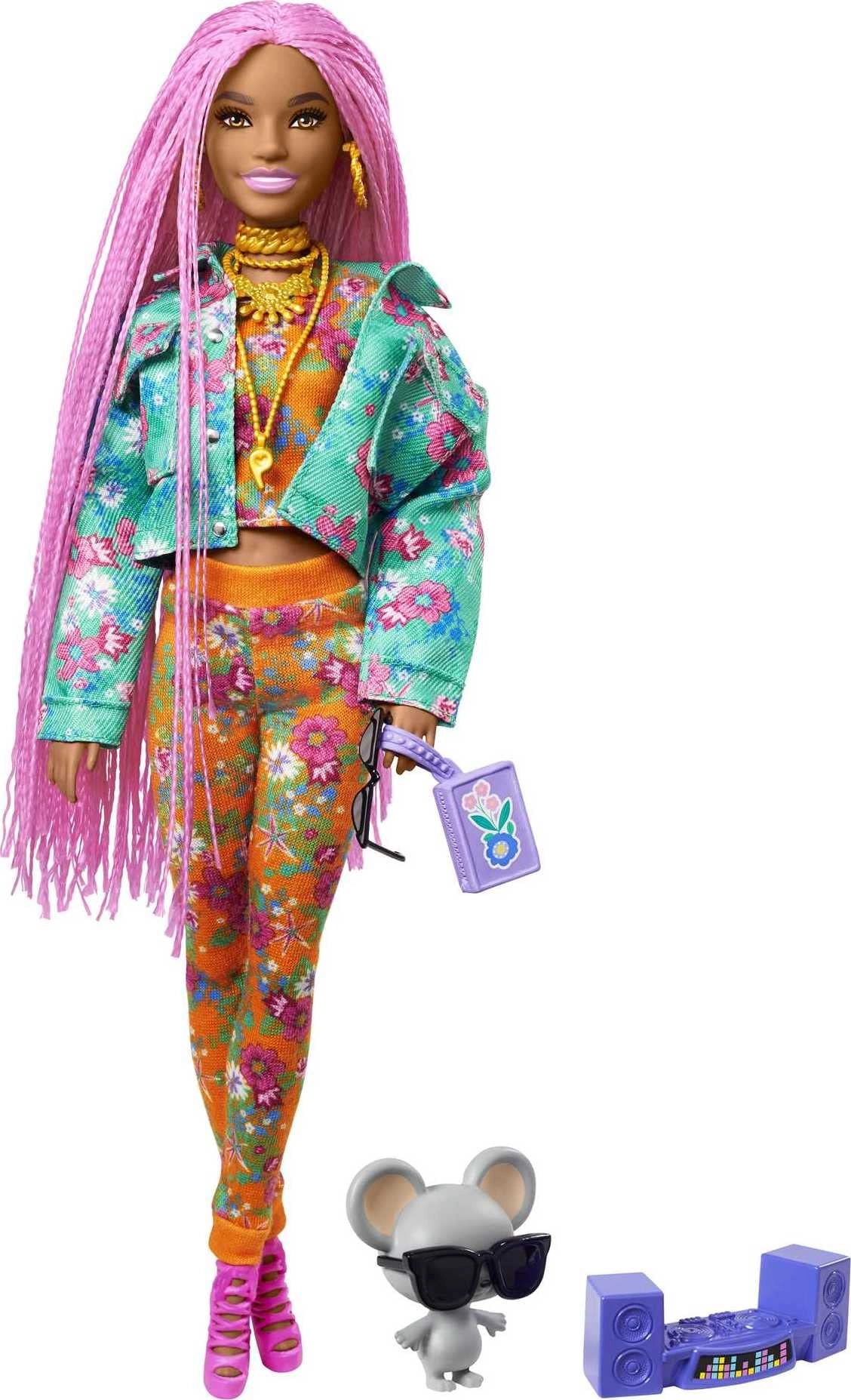 Barbie Extra Doll #10 - Extra-Long Pink Braids Floral-Print Jacket & Jogger Set Dj Mouse Pet Ages 3+