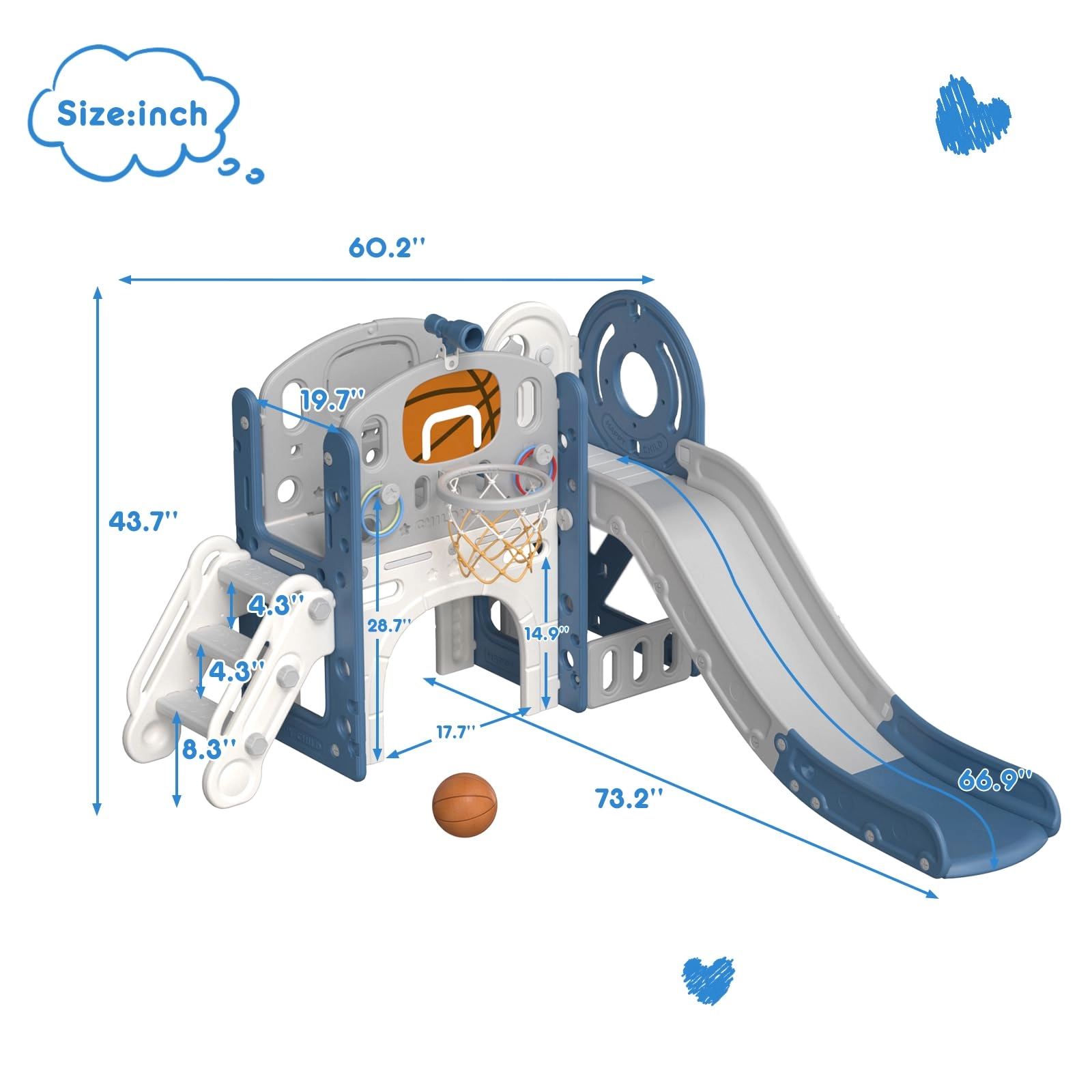 8 in 1 Toddler Slide Set - Blue Gley 60.2"L x 73.2"W x 43.7"H