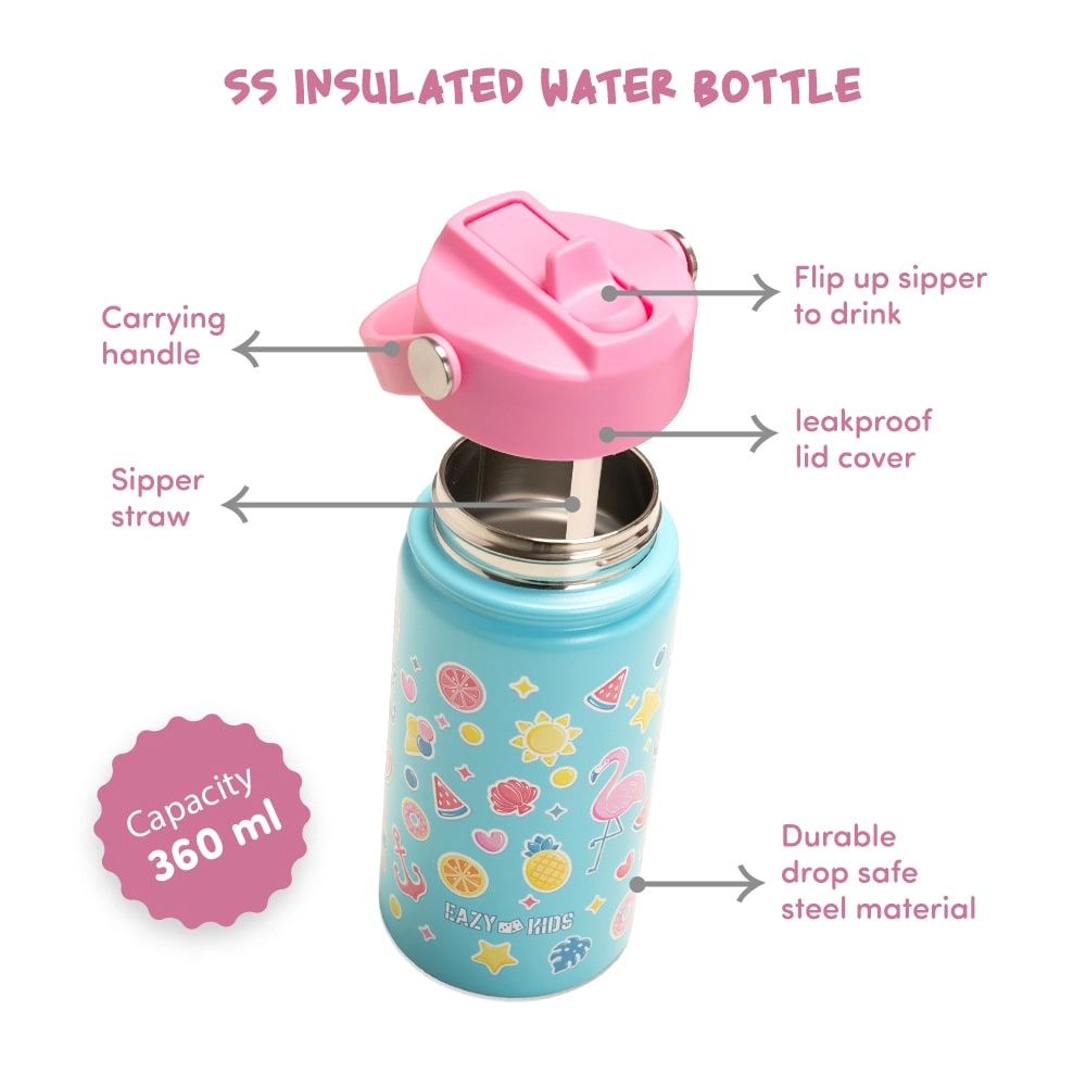 Jumbo Bento Lunch Box + Steel Water Bottle + Spoon & Fork Set + Insulated Lunch Bag + Ice Pack - Flamingo Pink 1100ml
