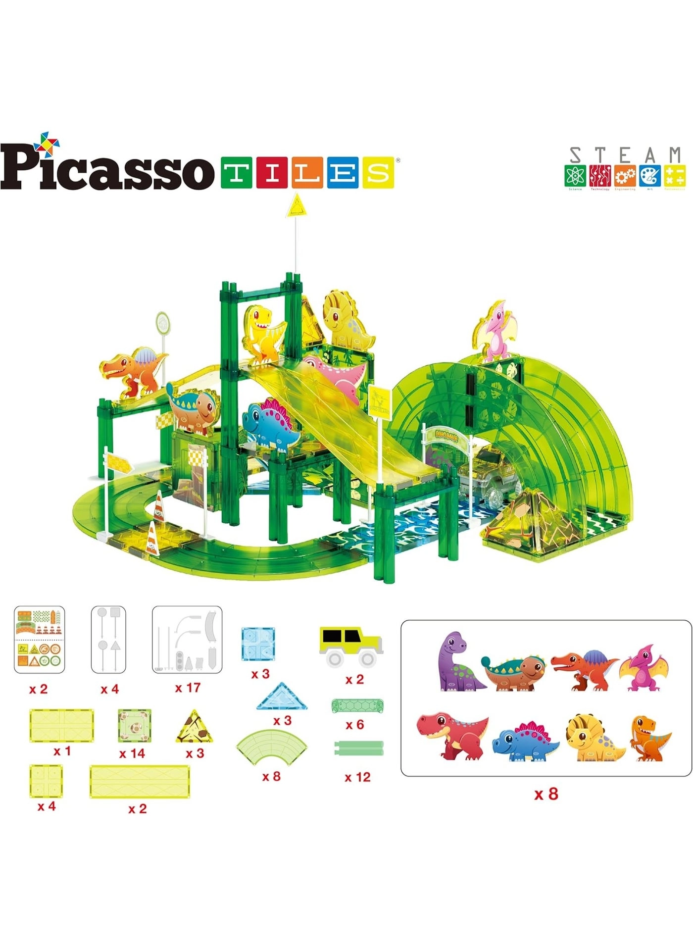 Dinosaur Magnetic Tile Race Car Track - 89 pcs