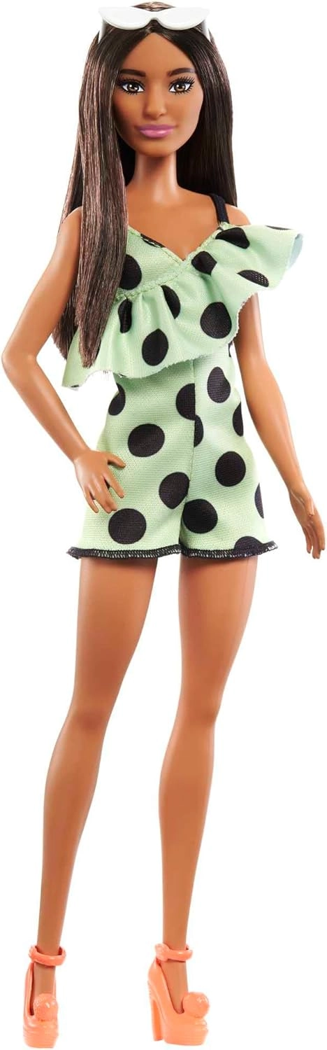 Barbie Fashionistas - Long Straight Brown Hair Polka Dot Romper Ages 3+