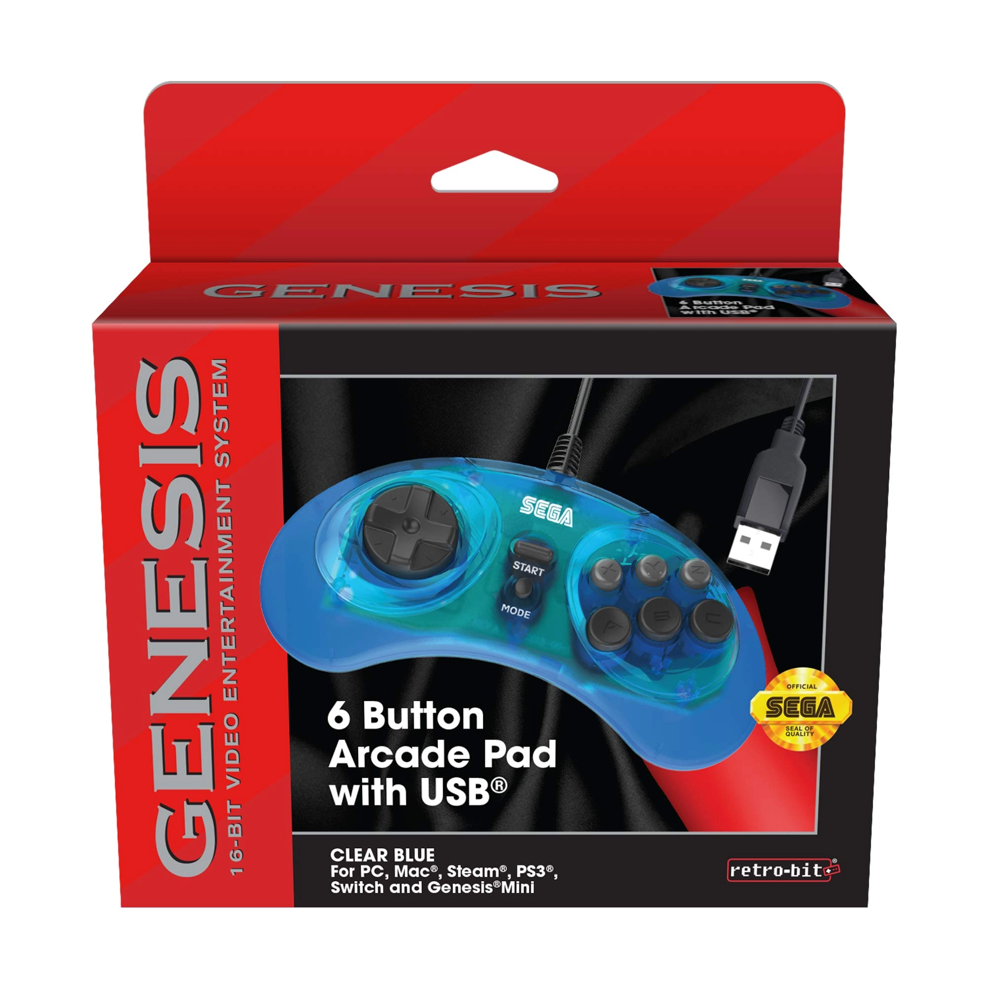 Sega Genesis USB Controller - Clear Blue Sega Genesis Mini PS3 PC Mac Steam Switch
