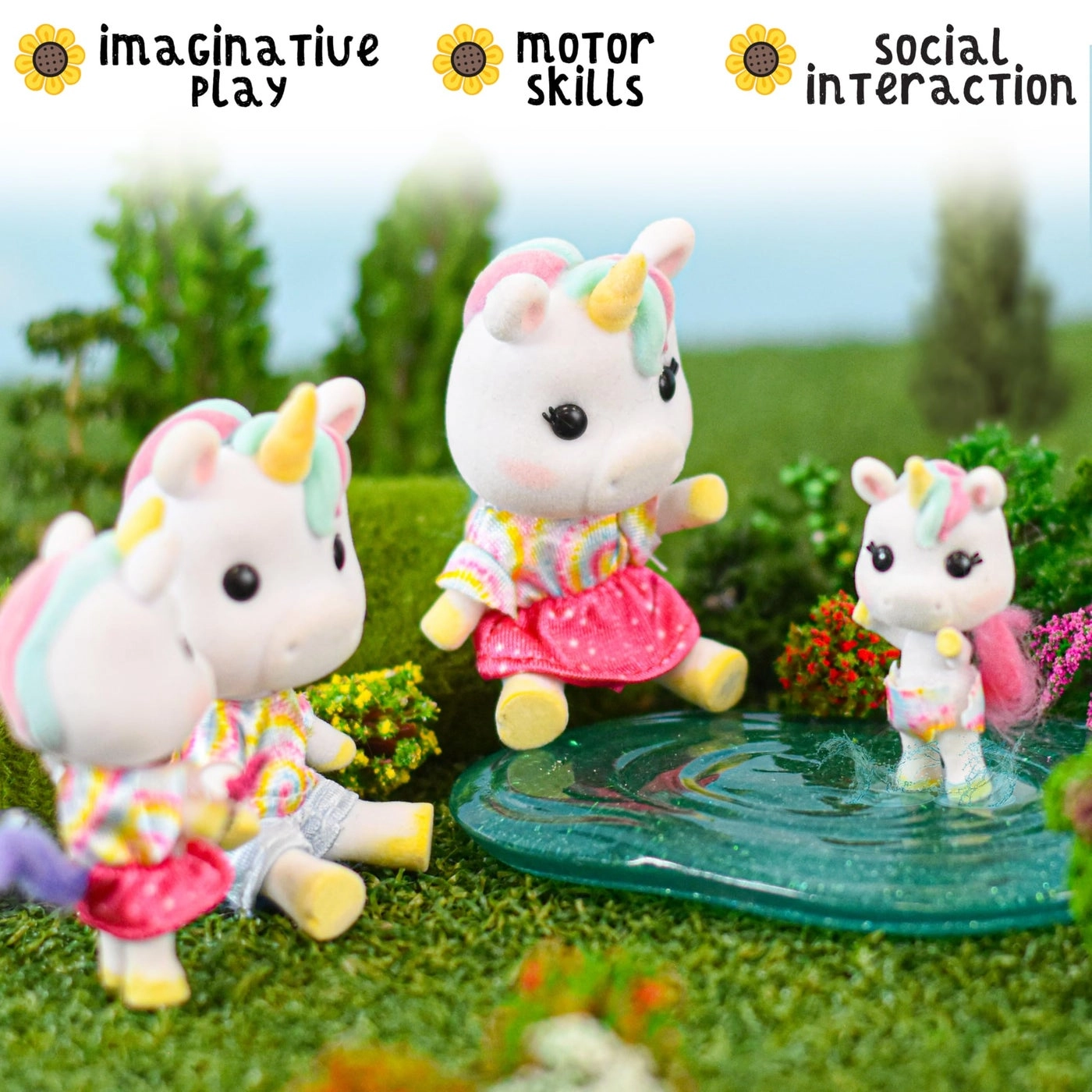 Honey Bee Acres Rainbow Ridge Daydreamers Unicorn Family - 4 Miniature Flocked Dolls Small Fantasy Collectible Figures