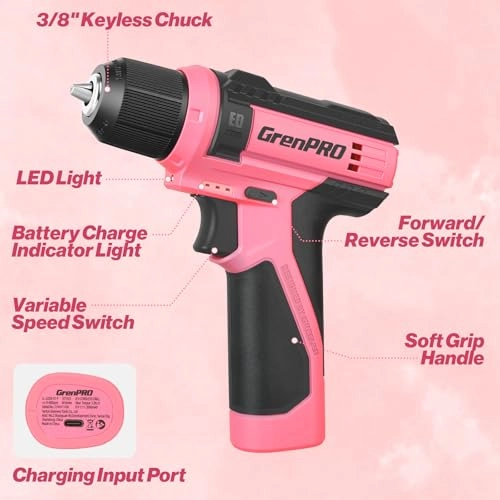 Cordless Drill - 8V Pink 3/8" Keyless Chuck