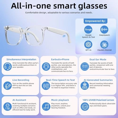 AI Smart Glasses - 140-Language Translation Bluetooth