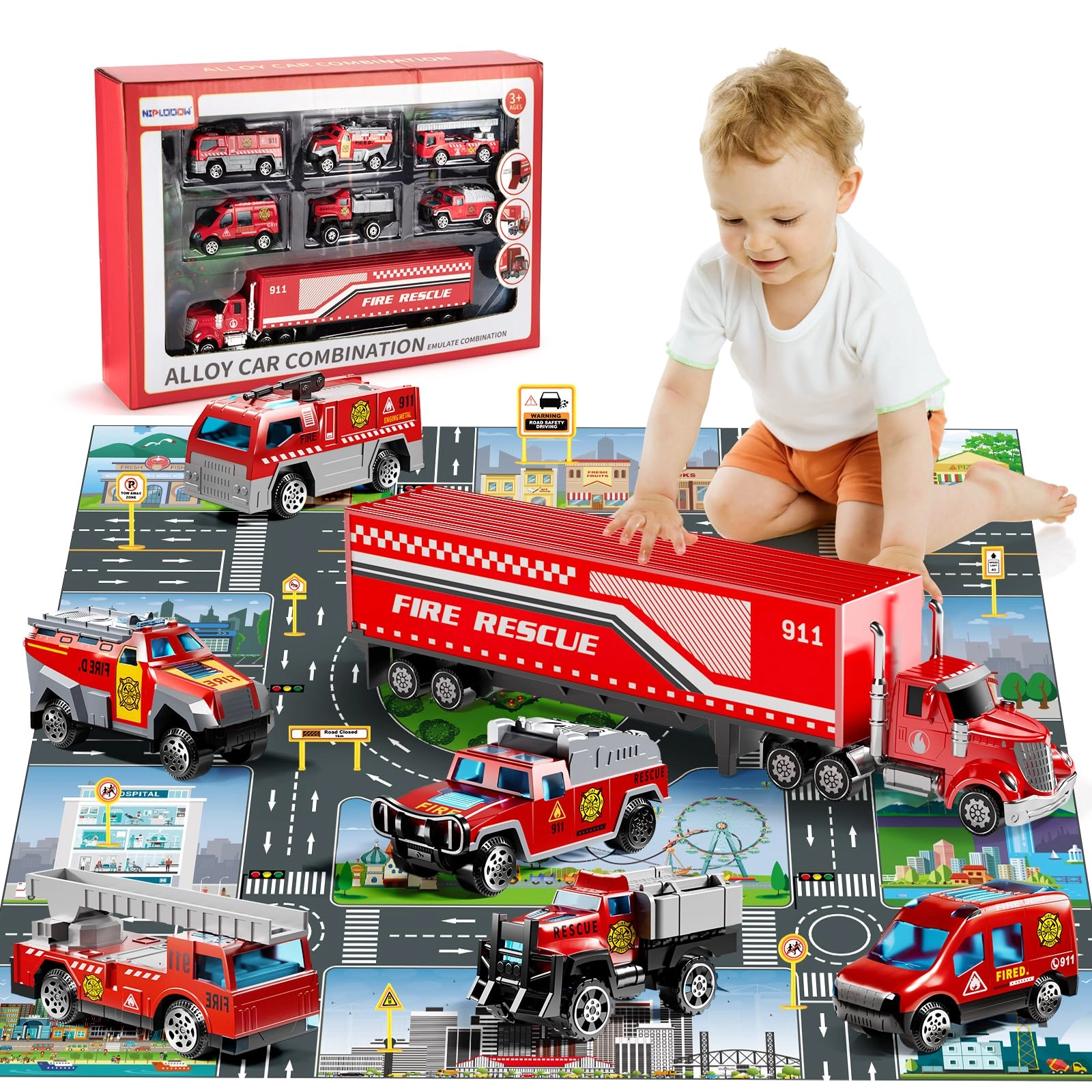 NIPLOOOW Fire Truck Toys + Play Mat - 7pcs