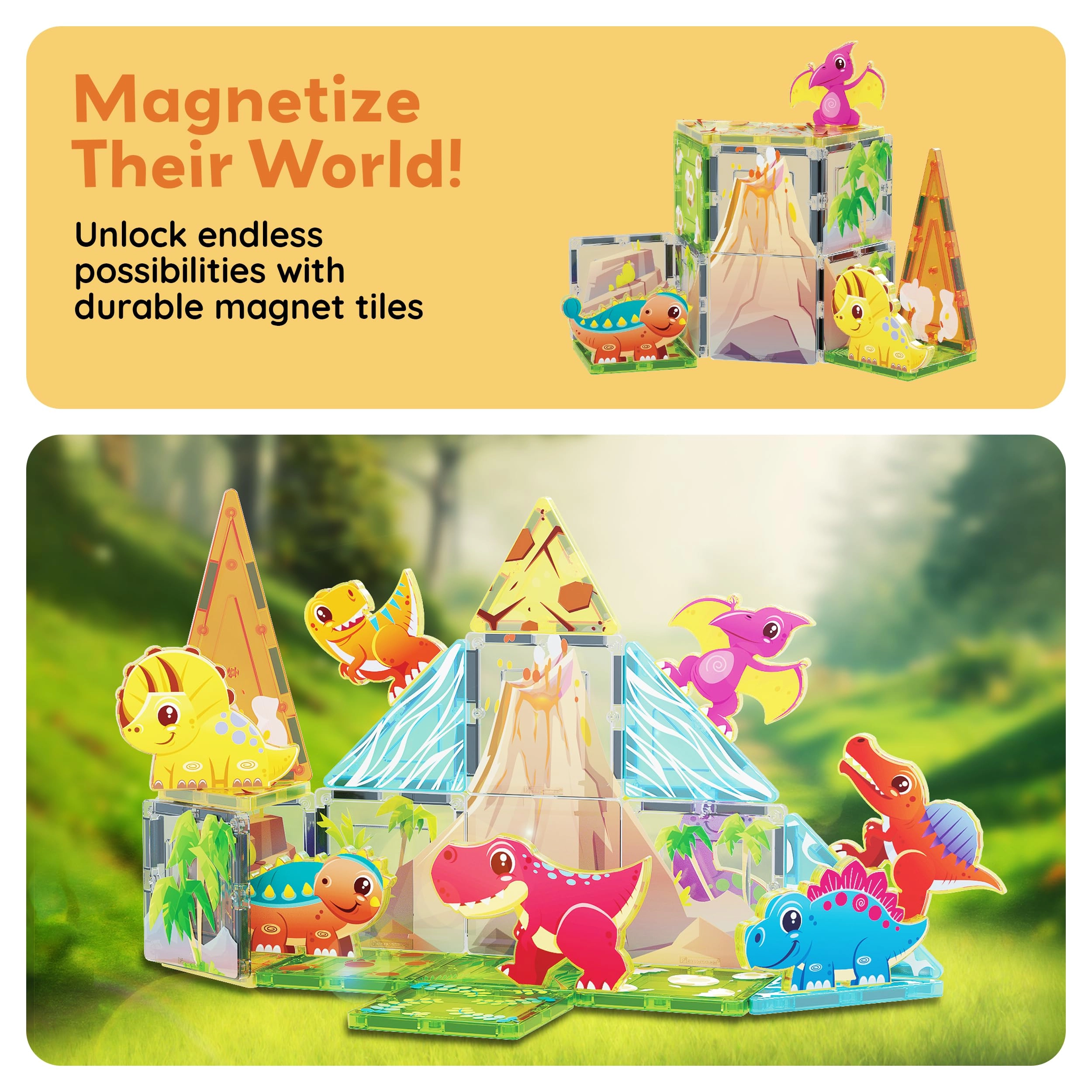 Magnet Tile Building Blocks - 8 Animal Character Action Figures Dinosaur World Themed 26 pcs