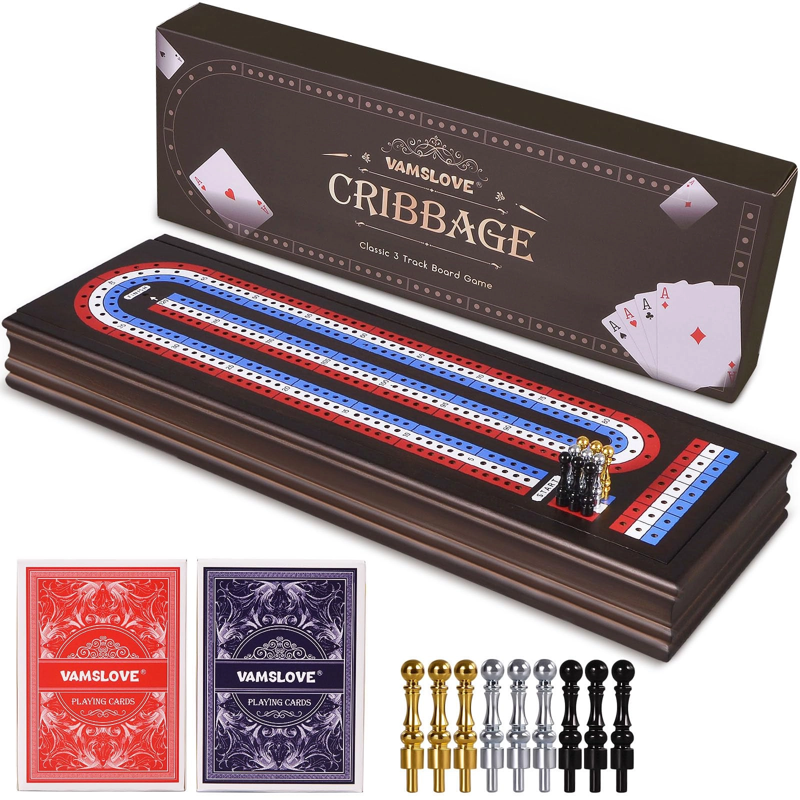 Vamslove Cribbage Board - Magnetic 3-Track Scoreboard 9 Metal Pegs