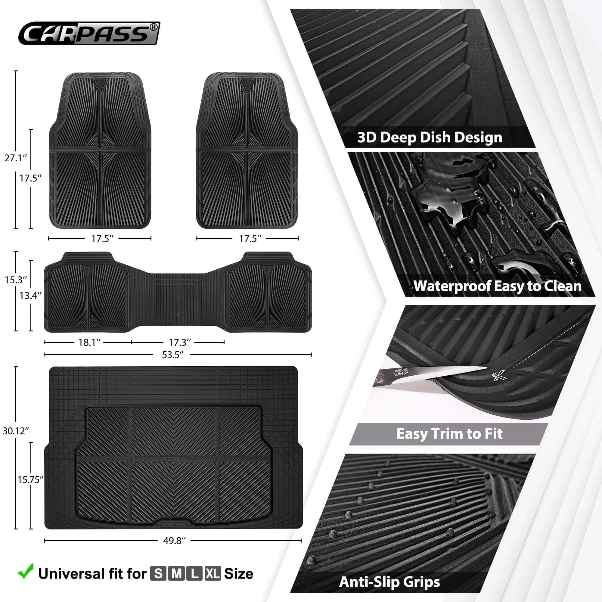 Rubber Floor Mats & Cargo Liner - Gray Universal Fit 5-Piece