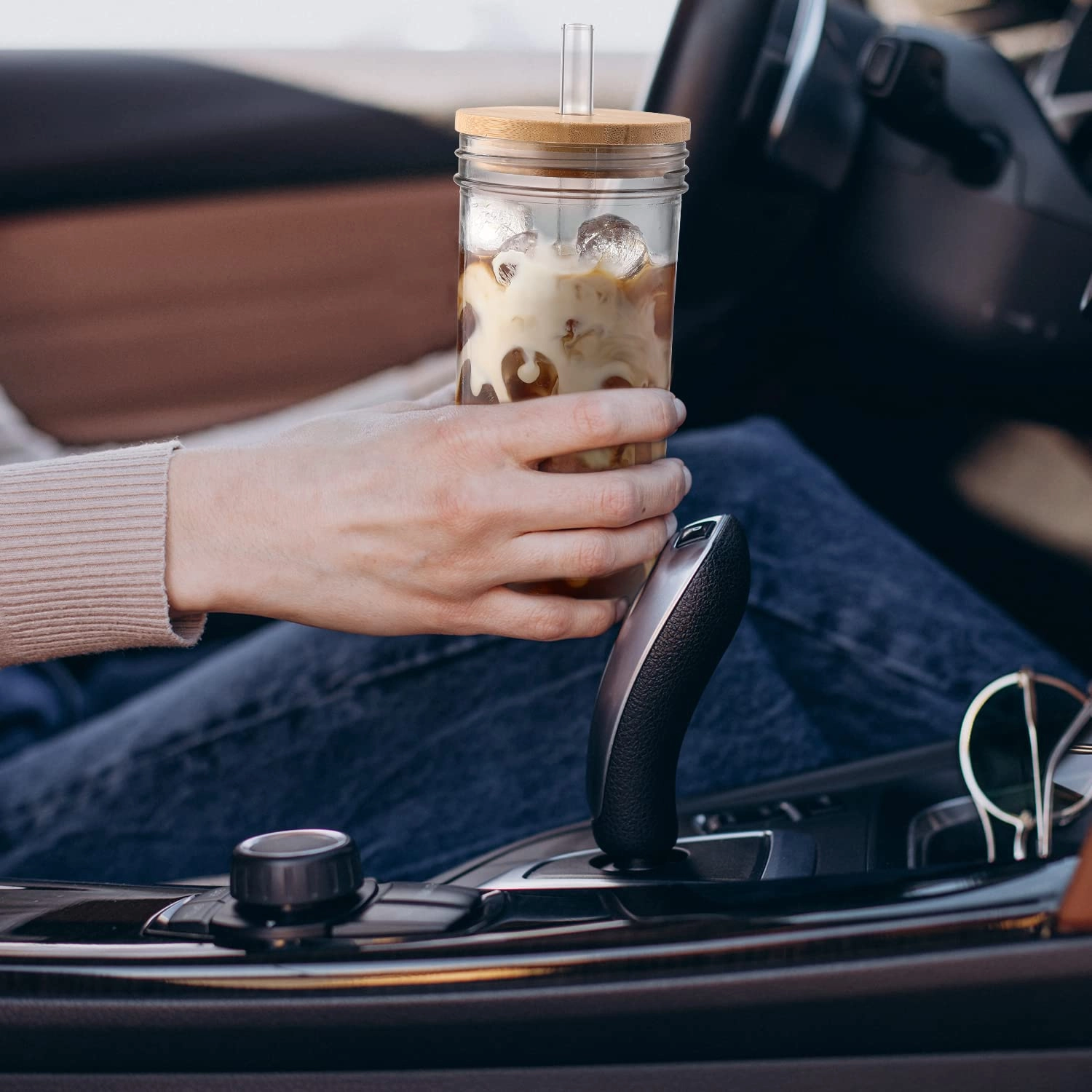 Glass Cup - 4 pcs with Lid and Straw