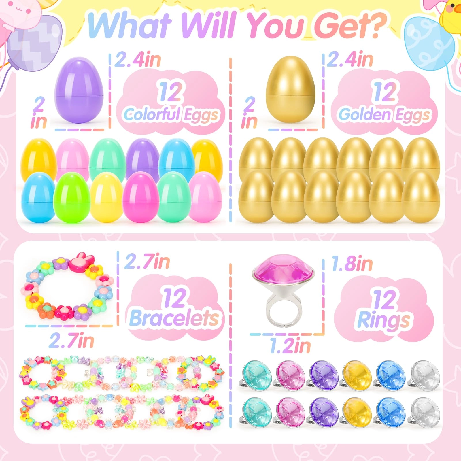 Prefilled Easter Eggs Princess - 24 Pack Bracelets Rings