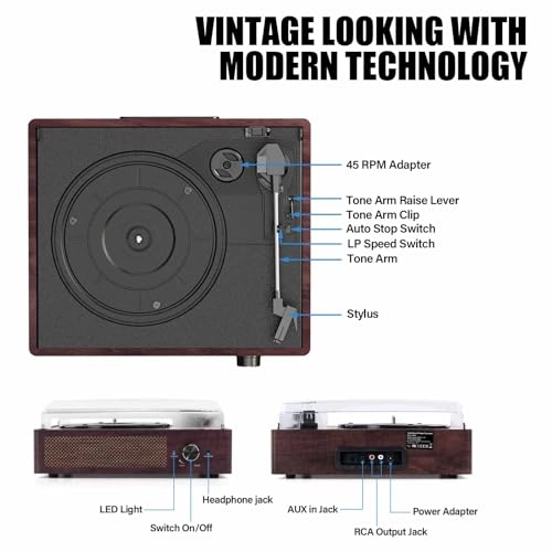 Record Player Turntable - Built-in Bluetooth 3-Speed 2 Stereo Speakers