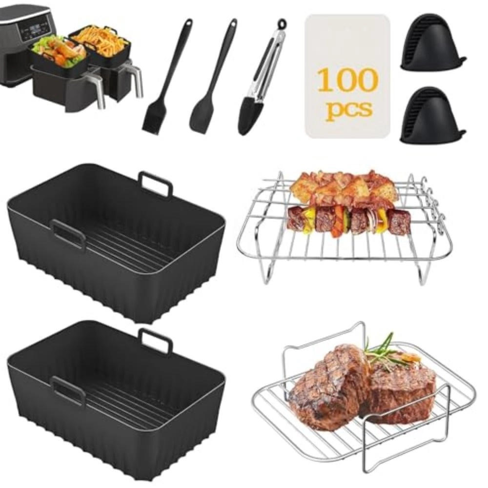 Generic Silicone Mats + Dual Layer Rack + Paper Liners + Silicone Gloves + Skewers - Food Grade Silicone 11 Pcs