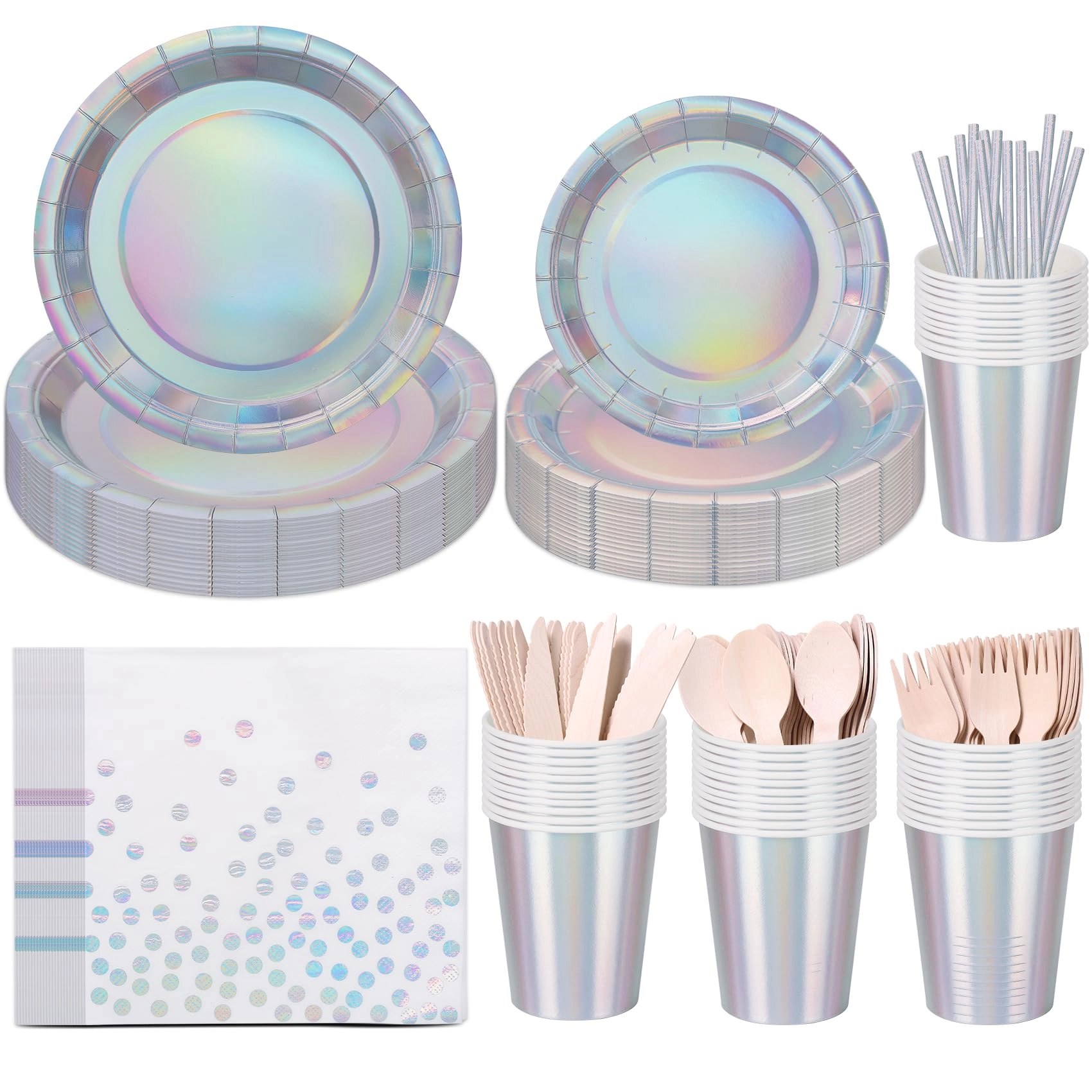 ceiliwen Holographic Paper Plates and Napkins Cup Set - 200PCS Birthday Wedding