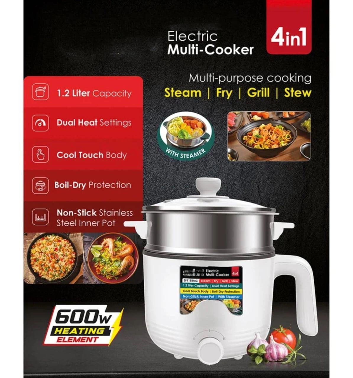 4 in 1 Mini Electric Multi Cooker - 1.2L