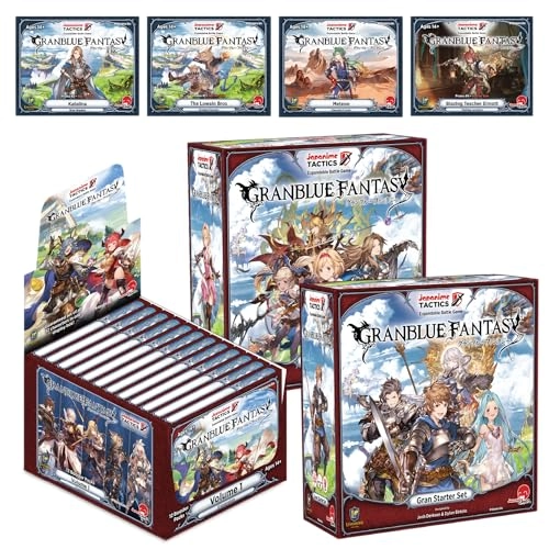 Japanime Tactics: Granblue Fantasy - Gran Starter Set + Djeeta Starter Set + Expansion Volume 1 - Box of 12 Expansion Packs + Promo Character Packs (Katalina, The Lowain Bros, Meteon, Blazing Teacher Elmott)