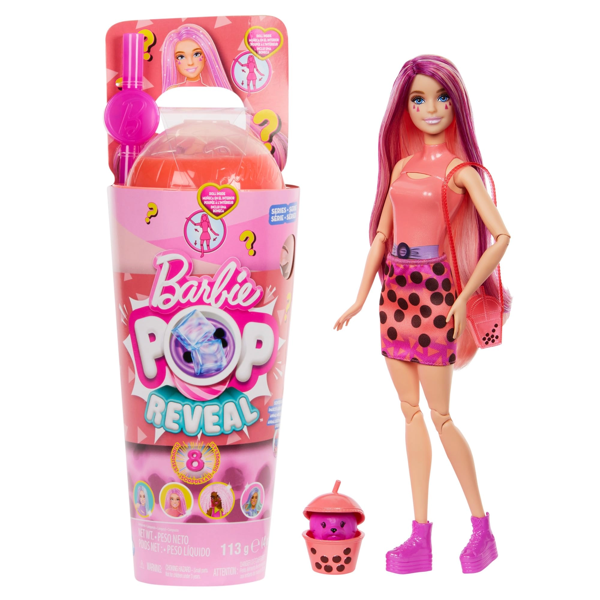 Barbie Pop Reveal Bubble Tea - Blonde with Dark Pink Highlights 8 Surprises Ages 3+
