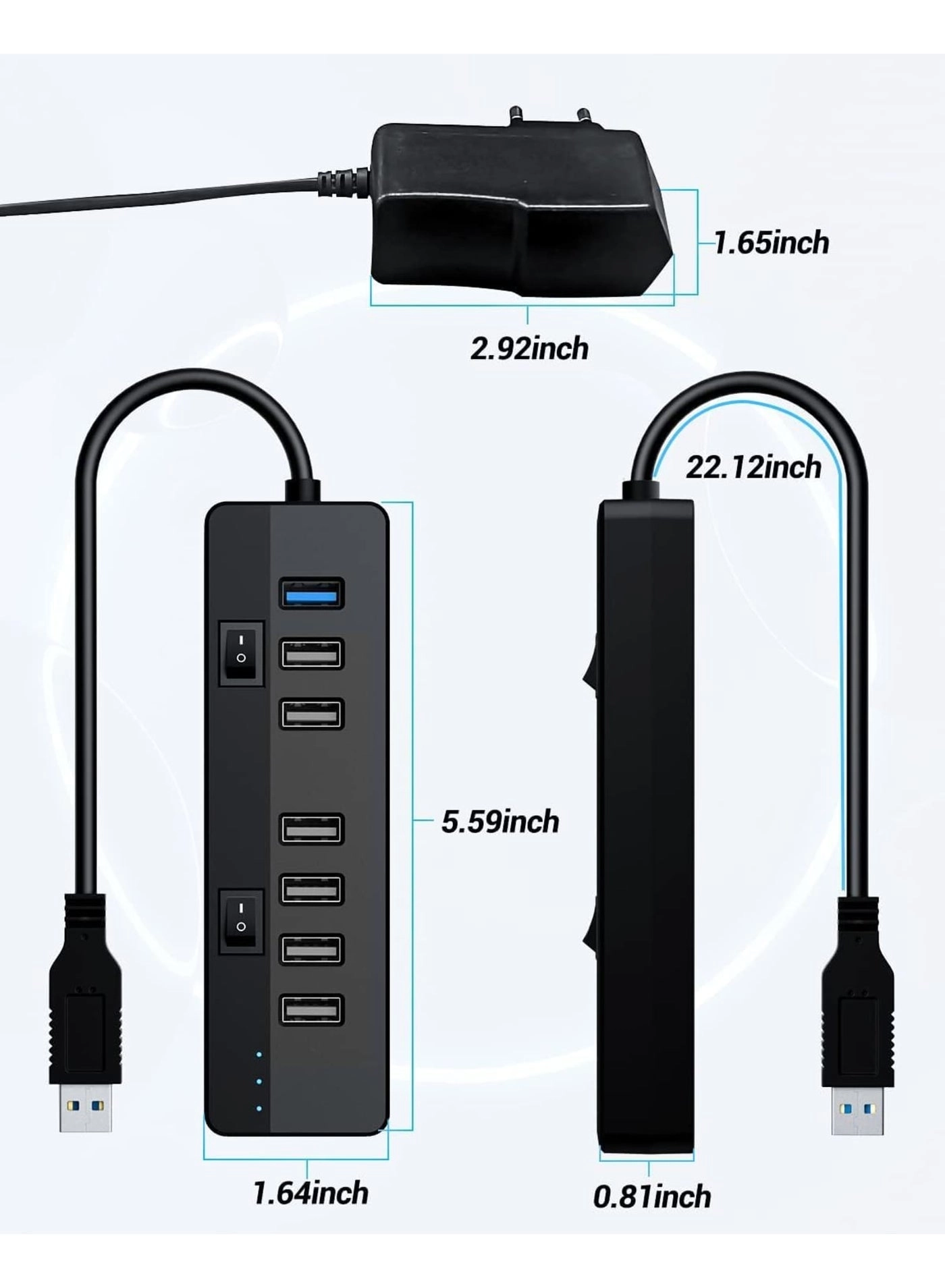 USB 3.0 Hub - 10W Power Adapter 1 Port USB 3.0 6 Port USB 2.0