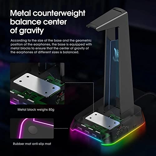 Headphone Stand for Computer Headphones - RGB 3 x USB 3.5mm Jack