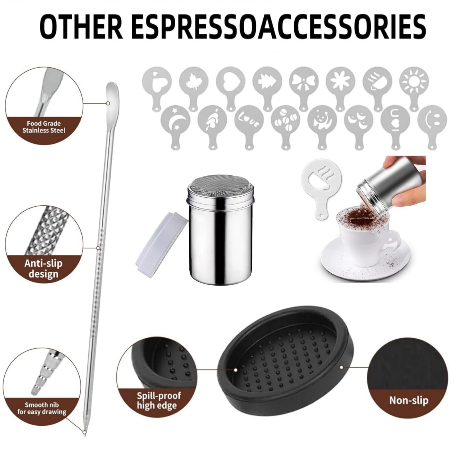 51mm Coffee Tamper + WDT Tool + Stirrer - 13.3cm + Frothing Pitcher - 350ml + Latte Art Pen - 13.5cm + Tamper Mat + Stencils - 16pcs + Dosing Funnel + Coffee Sifter Sprinkler Powder