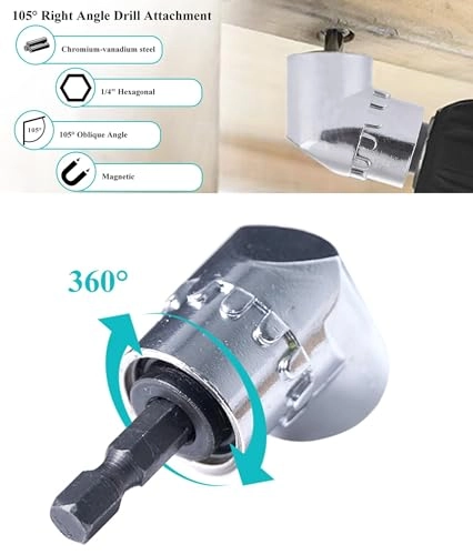 Right Angle Drill Adapter - 105° 1/4" Hex Magnetic Socket 360° Adjustable