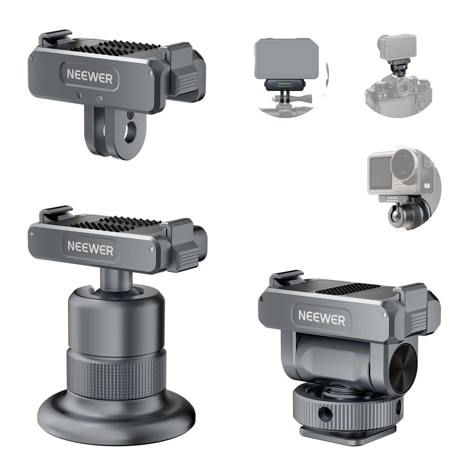 Neewer AC011 - Universal Action Camera Mount + AC012 - 160° Tilting Cold Shoe Adapter + AC013 - 360° Rotating Ball Joint Mount