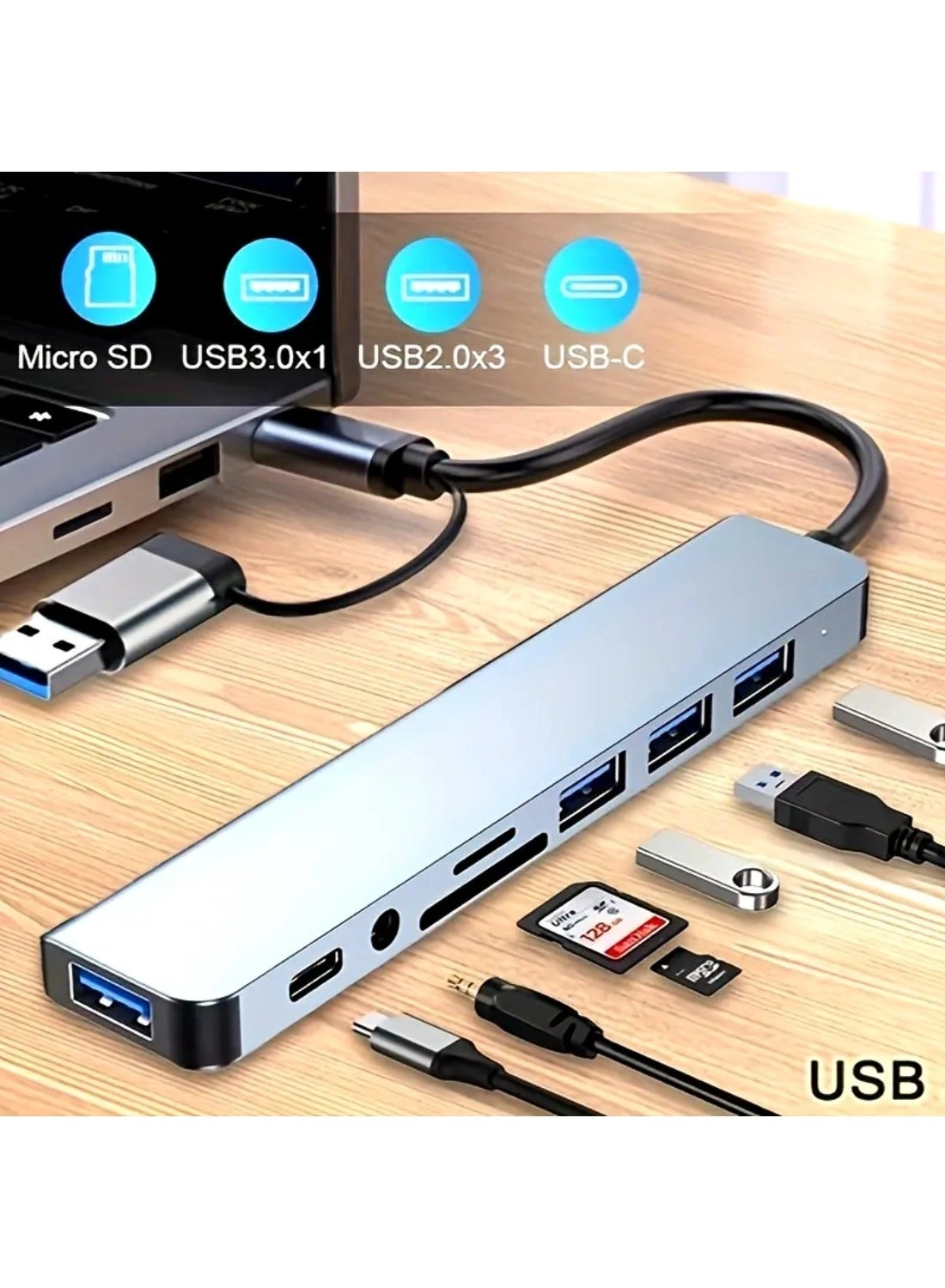 USB Hub Multiport Adapter - 8-in-1 4 USB 3.0 Ports USB-C