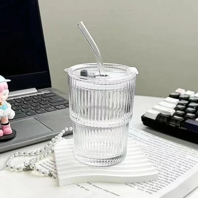 COM RADHEY-Surat-Gujarat-India, OM RADHEY Ribbed Glass Tumbler - 1 pcs - With Lid and Straw - 370 ml