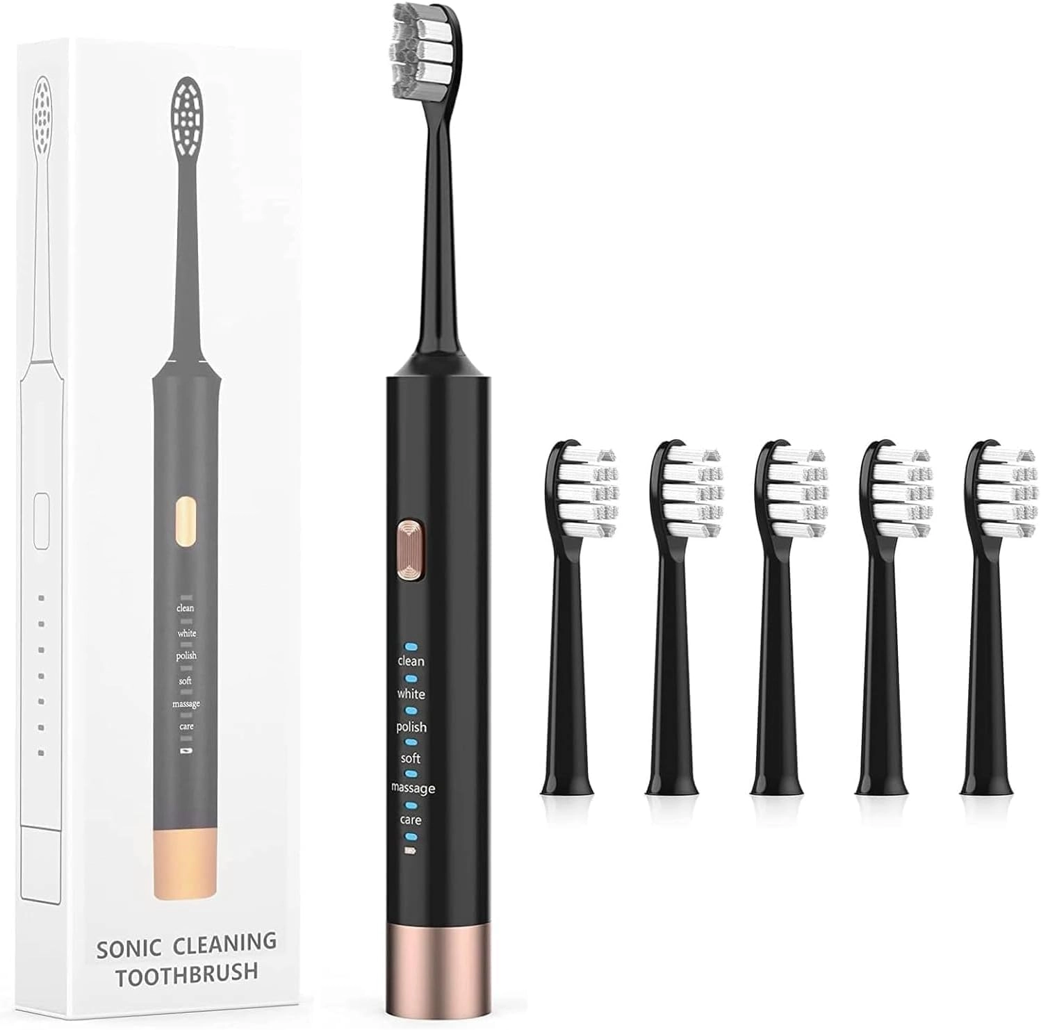 X spring Sonic Electric Toothbrush - 5 Brush Heads 6 Cleaning Modes Black