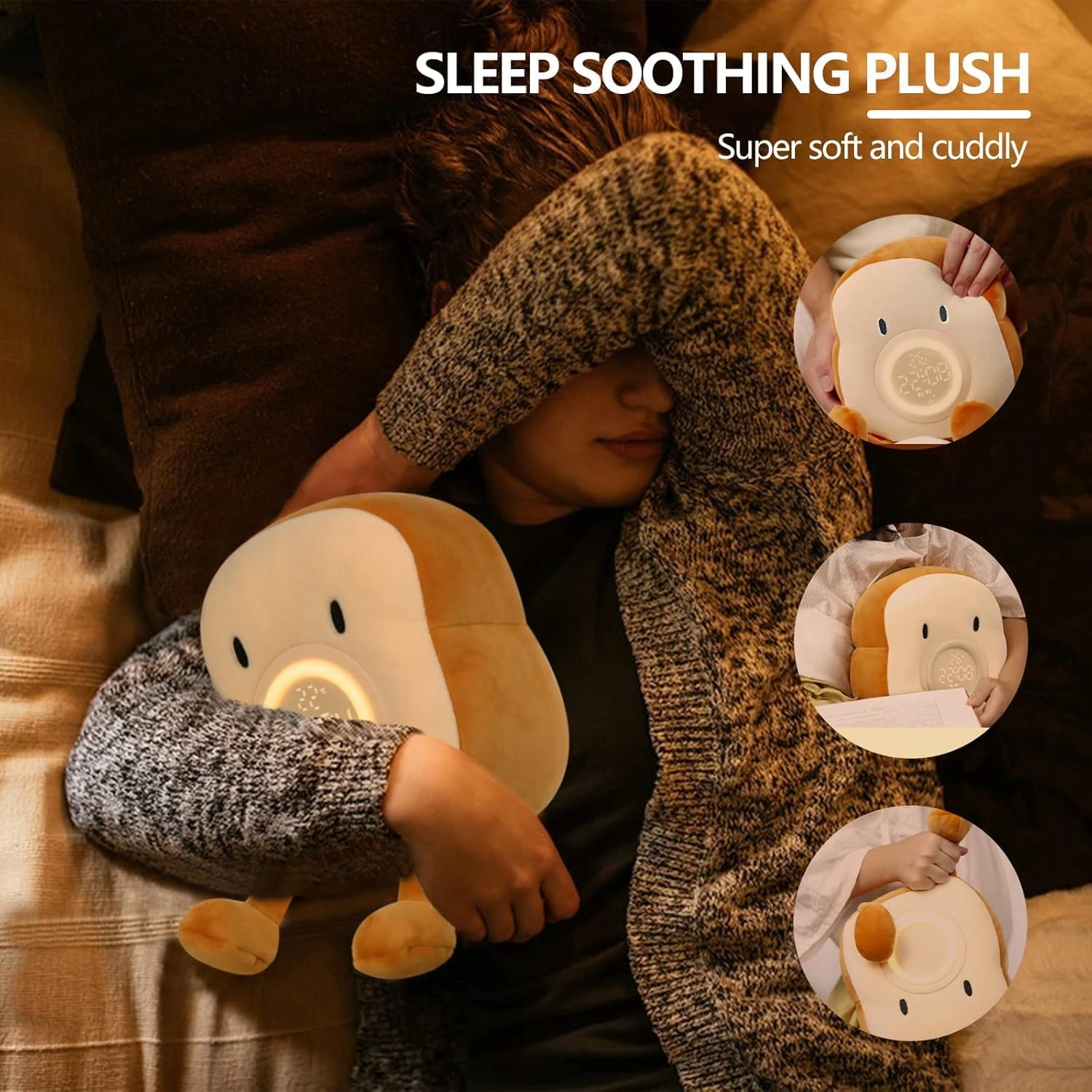 Cute Toast Plush Alarm Clock - USB Rechargeable Warm LED