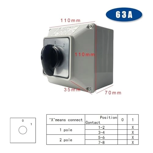Changeover Cam Hands Rotary Switch - 63A 2 Pole 8 Terminals IP65