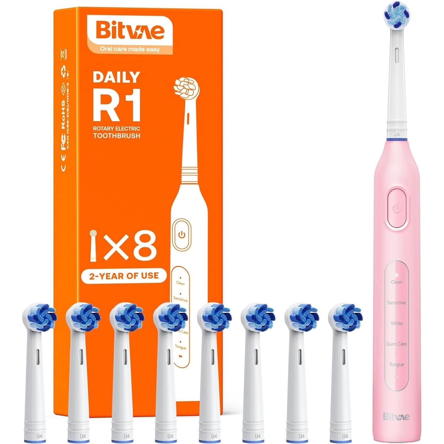 R1 - Rotating Electric Toothbrush 8 Brush Heads Pink