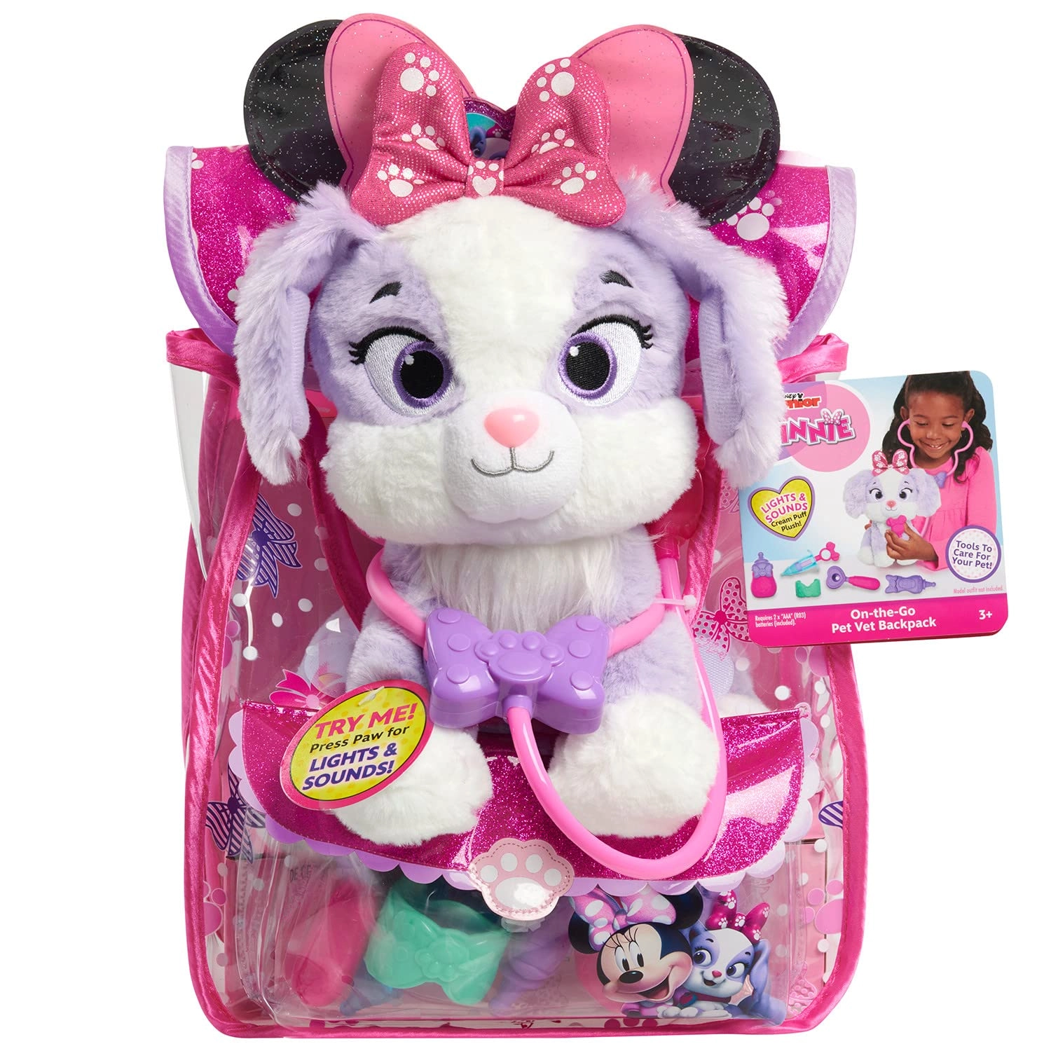 Just Play Disney Junior Minnie Mouse On-the-Go Pet Vet Backpack Set - Lights and Sounds Plush Pretend Play Vet Tools