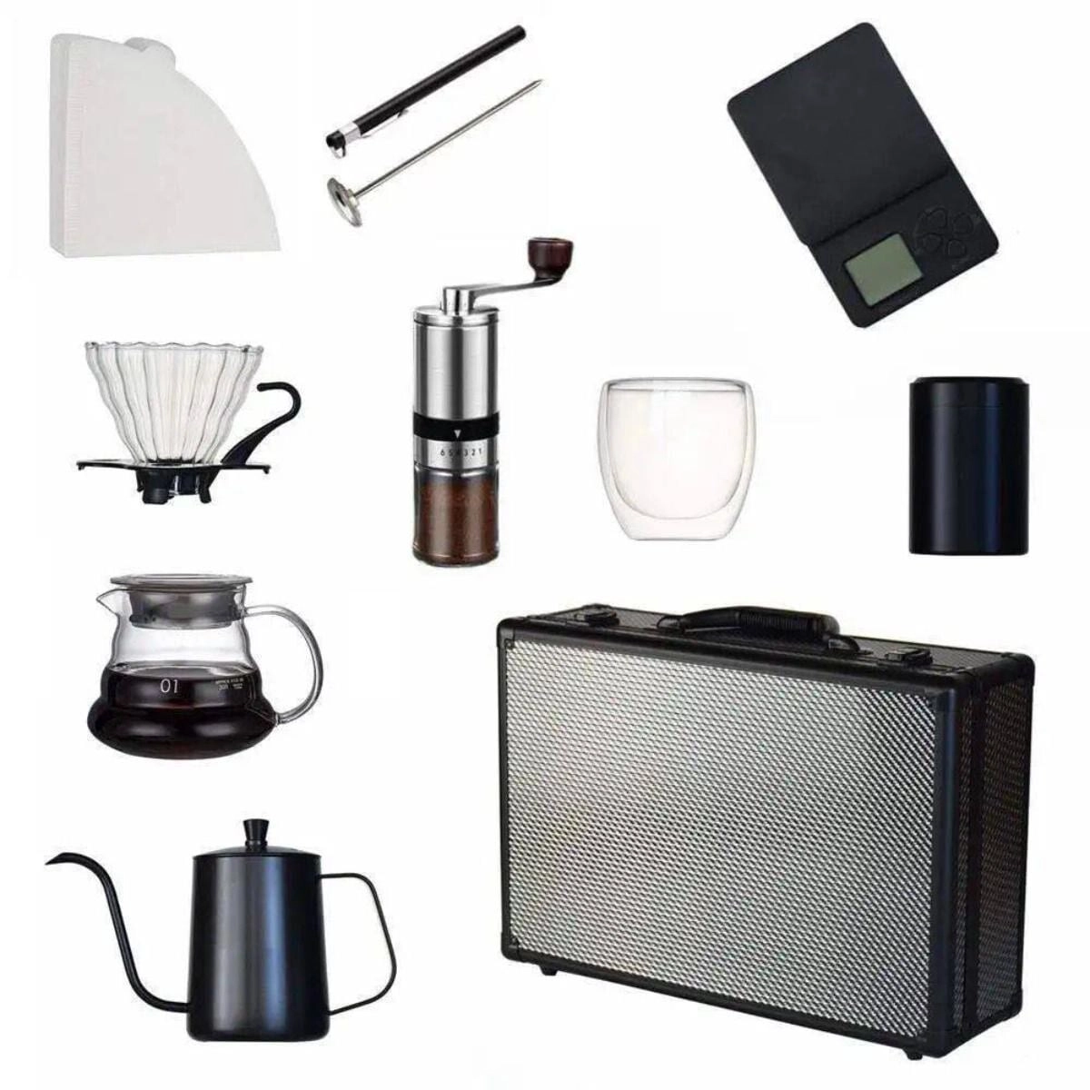 Kettle + Grinder + Dripper + Scale + Server + Filters + Cup