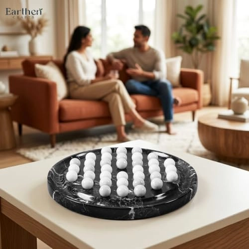Marble Solitaire Board Game - 10" Black-white 42 White Marble Balls
