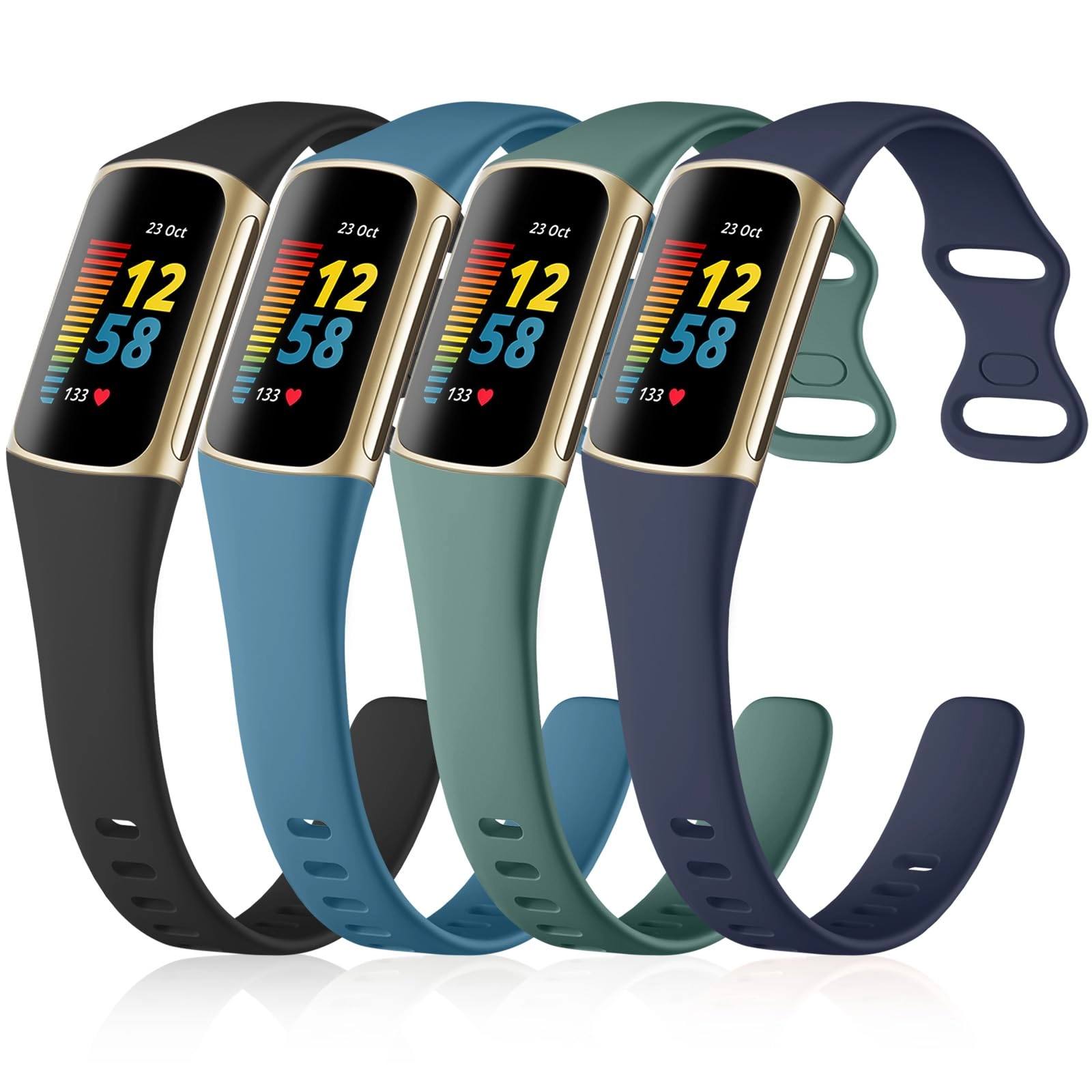 Soft Silicone Slim Watch Band for Fitbit Charge 5/Charge 6 - Black/Slate/Navy Blue/Pine Green