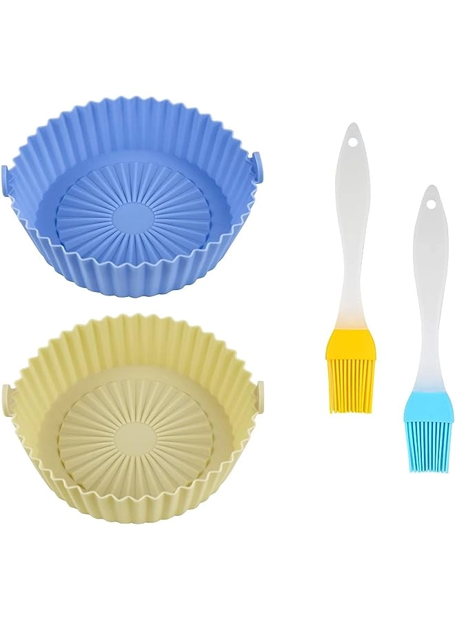 Air Fryer Silicone Pot + Silicone Brush - 2 Pcs + Reusable Non-Stick Round Air Fryer Basket + Fryer Liner Insulating Pad - 6.5'' Blue Yellow