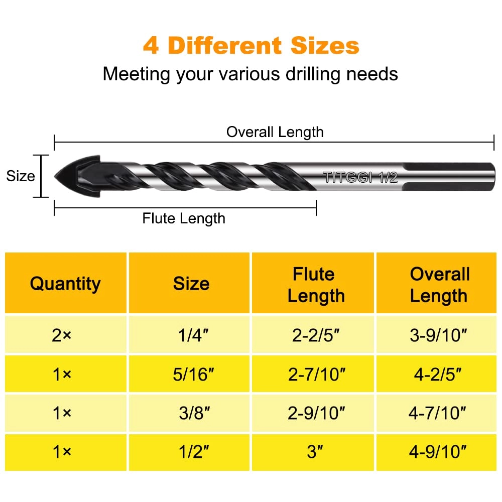 Concrete & Masonry Professional Drill Bit Set - tungsten carbide 5PCS 1/4" 5/16" 3/8" 1/2"