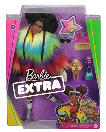 Barbie Extra - Brunette Furry Rainbow Coat Pet Poodle