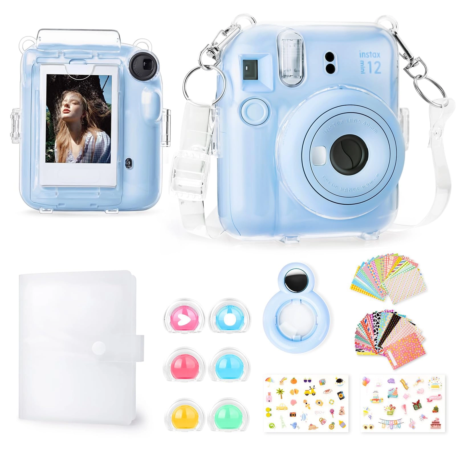 Rieibi Clear Case - with Strap + Mini Photo Album - 80 Photos + Selfie Mirror + DIY Stickers - x2 + Color Filter - x4