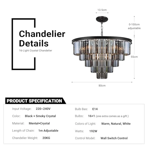 16 Lights Large Crystal Chandeliers - 3 Colors Temperature Adjustable