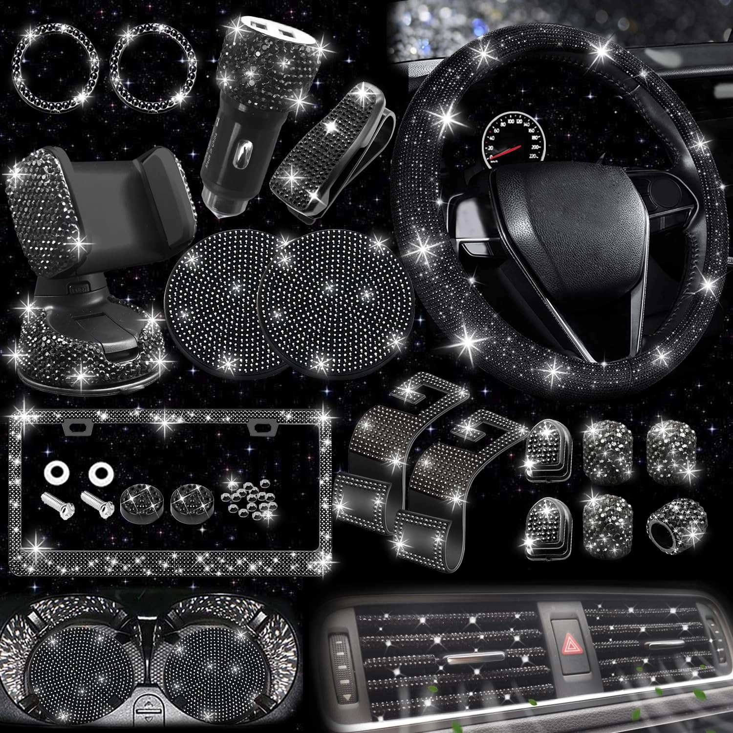 nbtepem Bling Car Accessories Set - 27 Pcs Black
