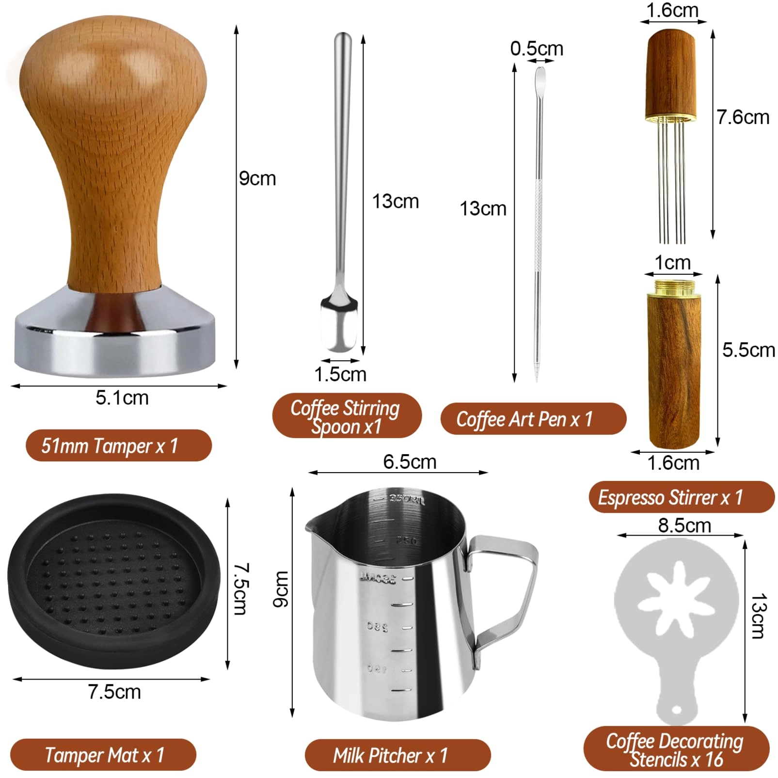 Espresso Tamper - 51mm + WDT Tool + Frothing Pitcher - 350ml + Latte Art Pen + Coffee Stirrer + Tamper Mat + Coffee Stencils - 16pcs