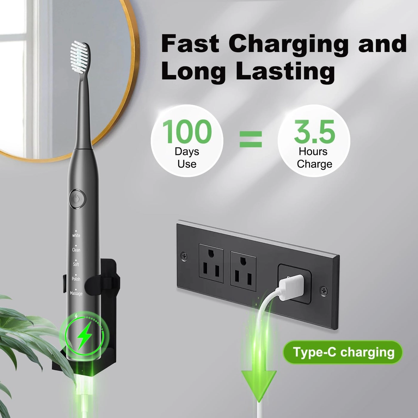 Rechargeable Electric Toothbrush - 8 Brush Heads 100 Day Battery Life