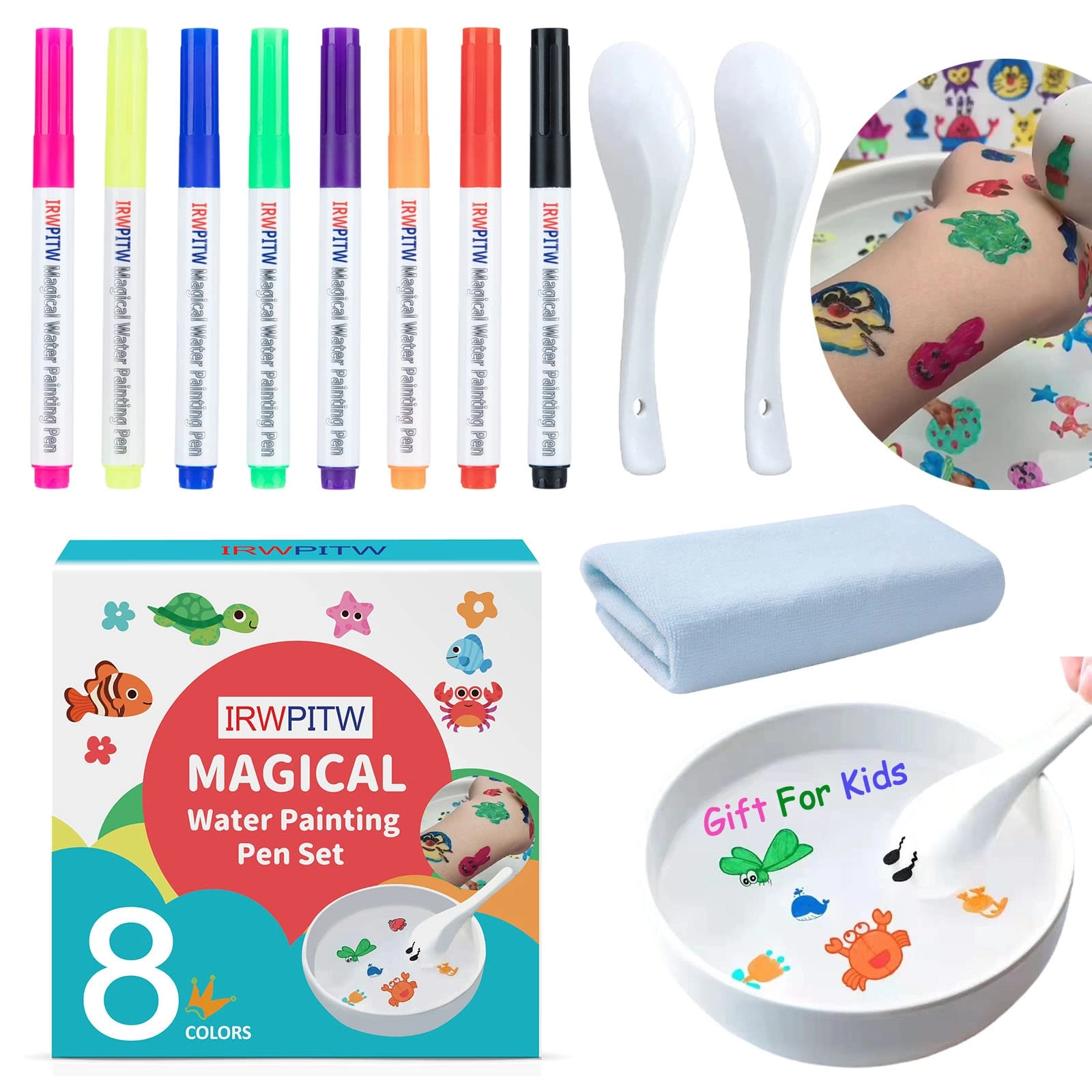 JFZ Magical Water Painting Pen - 11 2 Ceramic Spoons, 8 Magic Drawing Pens, Gift Box, Towel Bundle